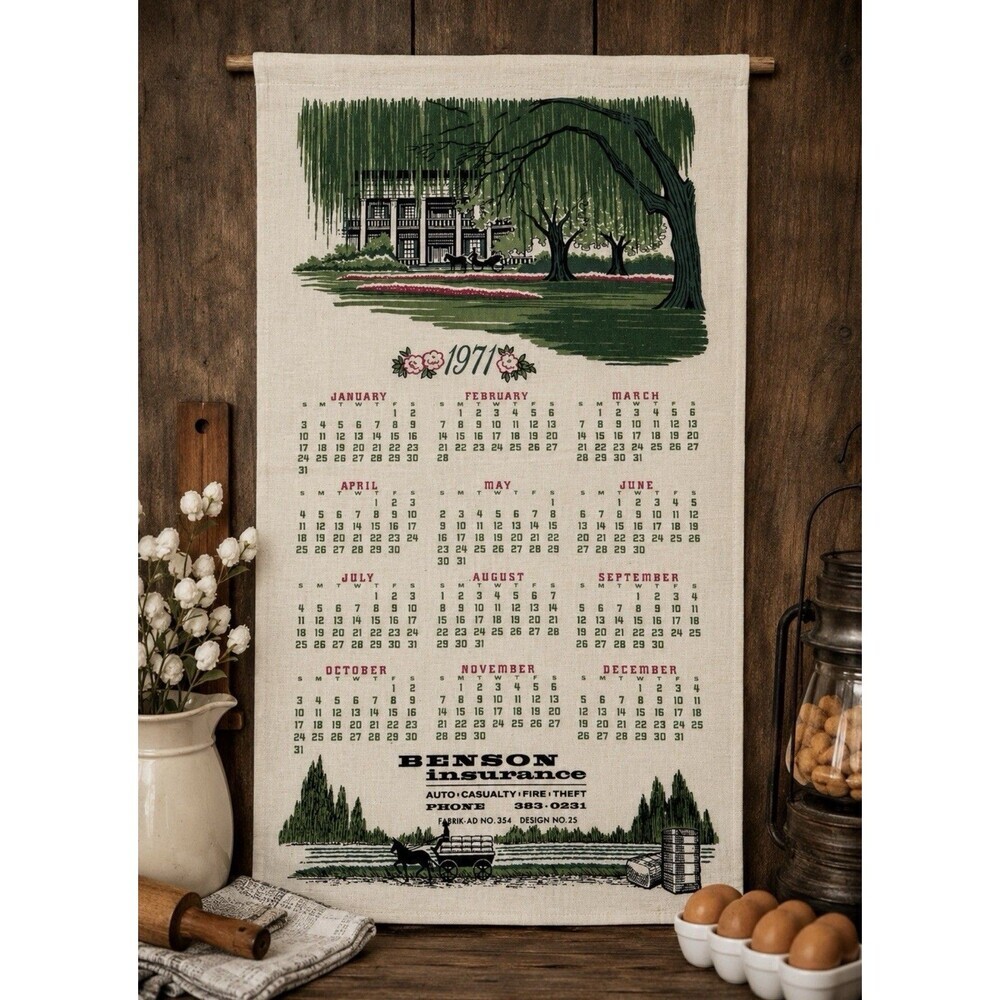 Vtg 1971 Kitchen Towel Calendar Cotton Farm Plantation Country 16.5x28